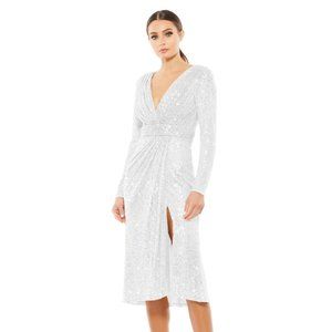 NWT Ieena for Mac Duggal LONG SLEEVE SEQUINED MIDI DRESS 26555 white size 12
